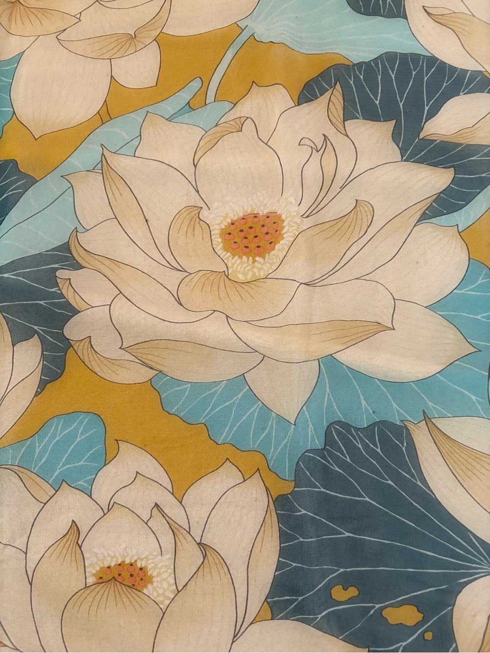 HermèsFleurs de Lotus Silk Scarf in Aqua, Mustard & Dark Blue - Picture 5 of 11